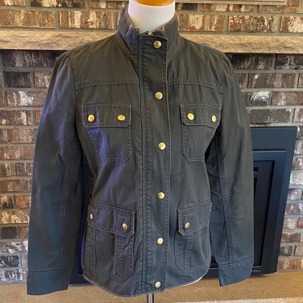 J CREW Field Work Jacket. Dark olive green/gray color. Brushed 100% cotton.